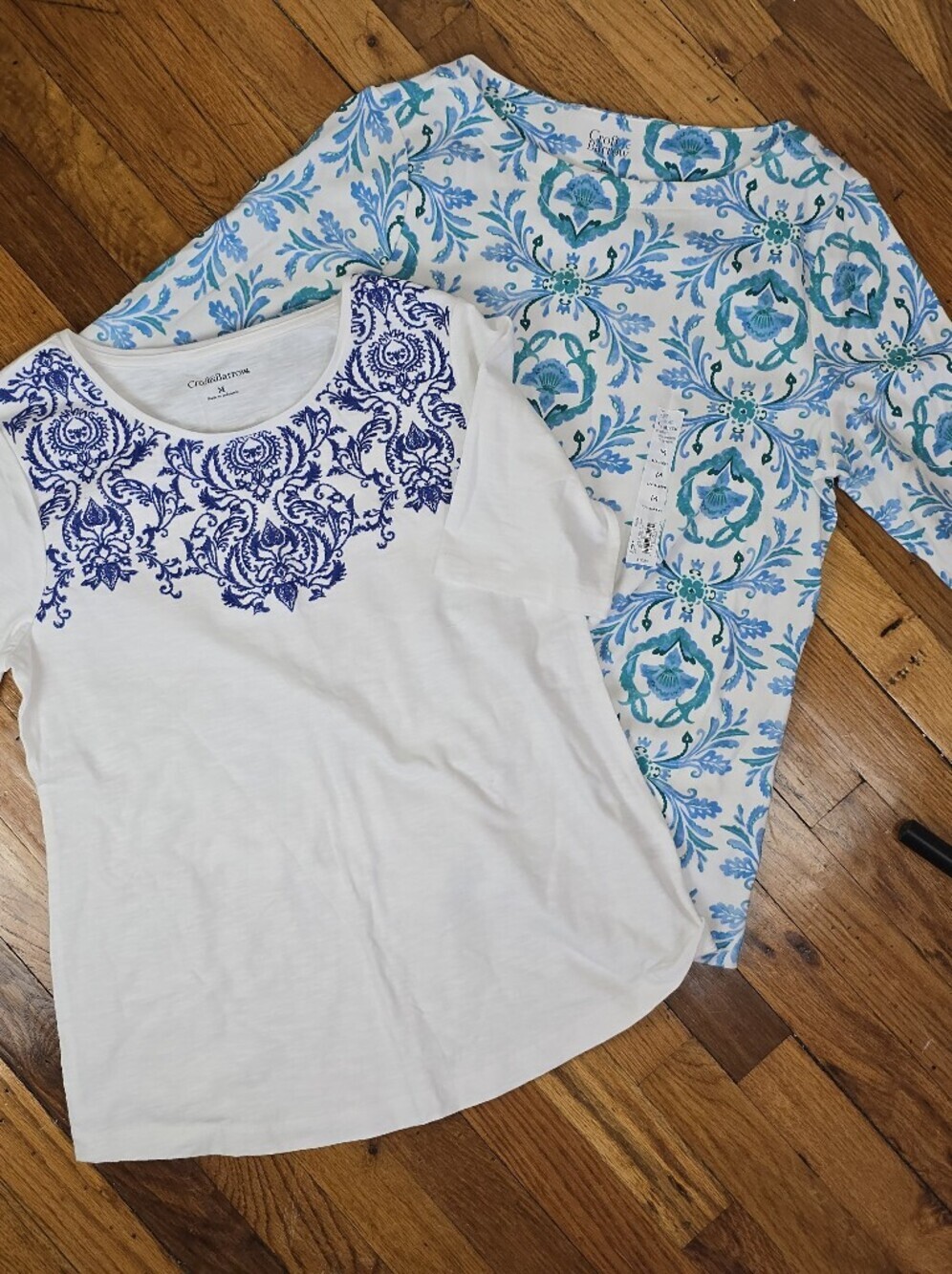 Croft & Barrow Set of Two White and Blue  Cotton Knit Boho Tops M